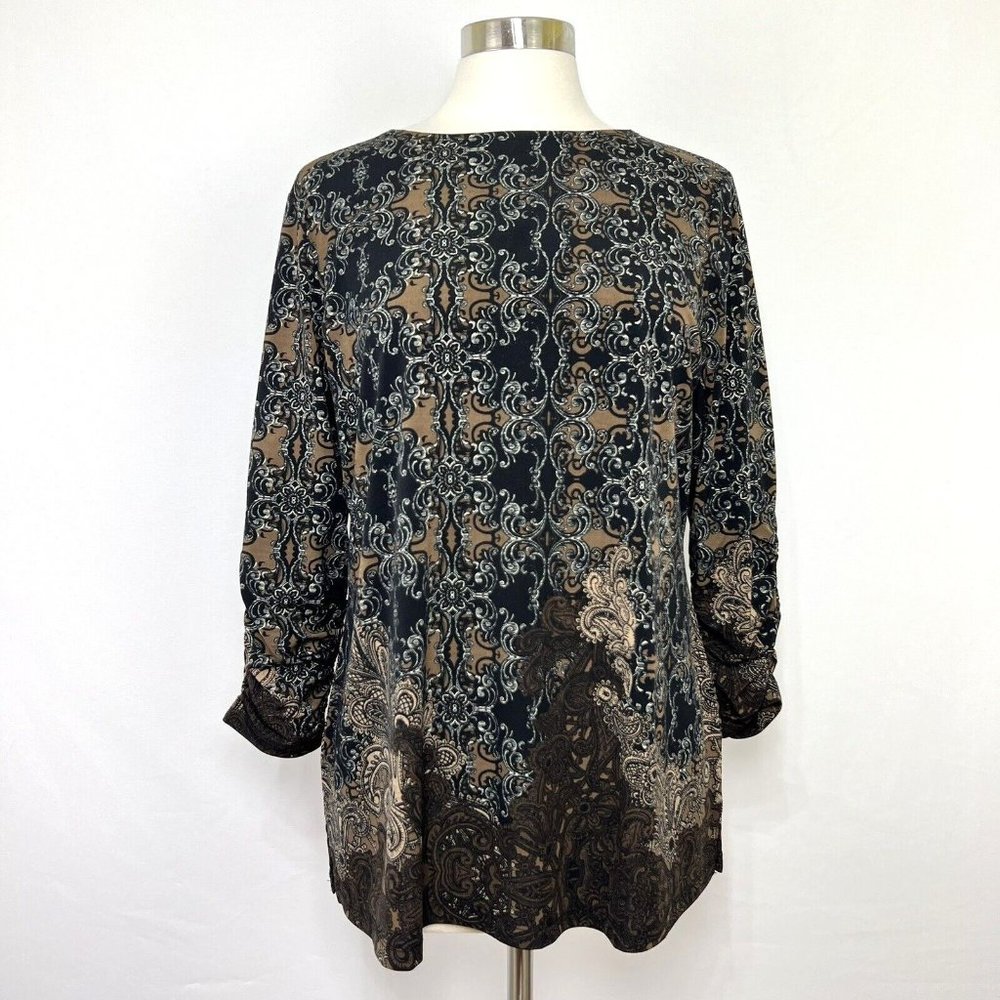 Susan Graver Womens M Top Liquid Knit Ruched Slvs Black Taupe Print #B